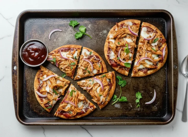 Overhead shot of two freshly baked BBQ Chicken Pita Pizzas on a dark metal baking sheet. One pizza is sliced into four wedges, the other is sliced in half. Toppings include shredded BBQ chicken, melted mozzarella cheese, thin red onion slices, and fresh green cilantro leaves. A small silver bowl of dark red BBQ sauce and a silver spoon are visible on the baking sheet. Natural morning light from an east window illuminates the scene, casting soft shadows on marble countertops with wood accents in the background. Minimalist white plates and ceramic bowls are subtly in the background. The scene is clean and tidy with warm tones.