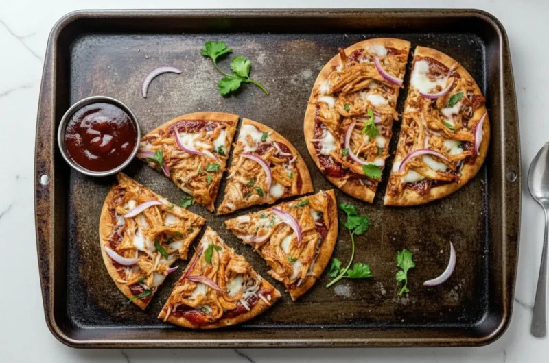 Overhead shot of two freshly baked BBQ Chicken Pita Pizzas on a dark metal baking sheet. One pizza is sliced into four wedges, the other is sliced in half. Toppings include shredded BBQ chicken, melted mozzarella cheese, thin red onion slices, and fresh green cilantro leaves. A small silver bowl of dark red BBQ sauce and a silver spoon are visible on the baking sheet. Natural morning light from an east window illuminates the scene, casting soft shadows on marble countertops with wood accents in the background. Minimalist white plates and ceramic bowls are subtly in the background. The scene is clean and tidy with warm tones.