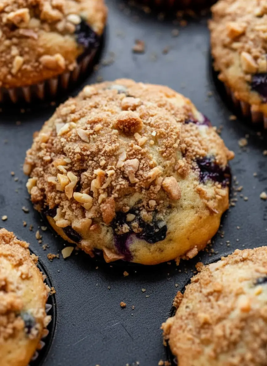 A dark metal muffin tin filled with muffin batter, generously topped with a chunky streusel and visible chopped walnuts. Some dark purple blueberries are visible on top. The batter is in ribbed paper liners, positioned on a marble countertop in natural morning light, ready to go into the oven. Soft shadows and warm tones, clean and tidy presentation, no hands. (3:4 ratio)