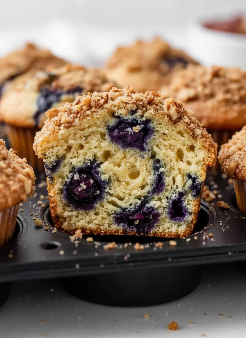 A single Best Blueberry Muffin, golden-brown with an abundant, chunky streusel and visible chopped walnuts, placed on a minimalist white plate. The muffin is slightly broken to show its moist, fluffy interior with visible dark purple blueberries. The plate sits on a wooden accent, on a marble countertop with soft natural morning light and gentle steam. Clean and tidy presentation, no hands. (3:4 ratio)
