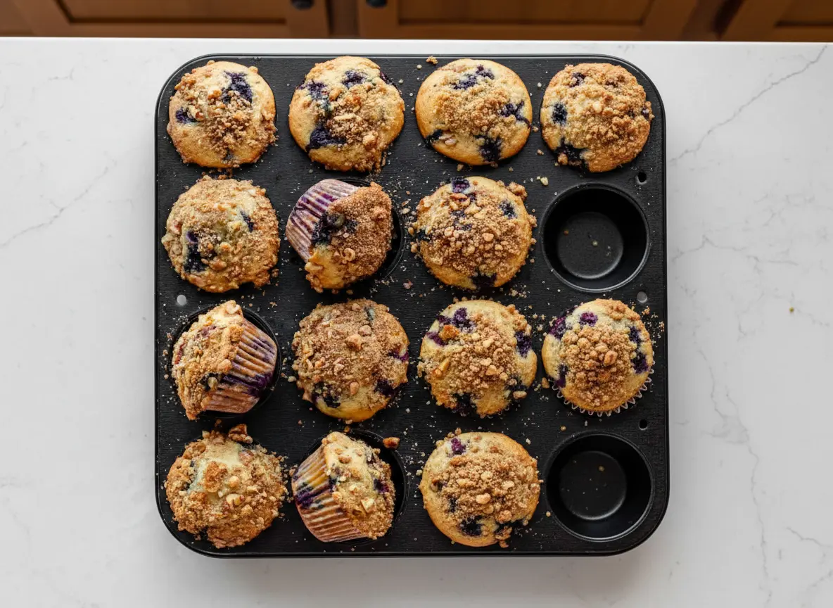 A batch of freshly baked golden-brown Best Blueberry Muffins, overflowing with a generous, chunky streusel topping and visible chopped walnuts, in a dark metal muffin tin on a marble countertop with soft natural morning light. Dark purple blueberries are subtly peeking from the muffin tops. Warm tones, clean and tidy presentation, minimalist white plates and fresh herbs subtly in the background. (4:3 ratio)