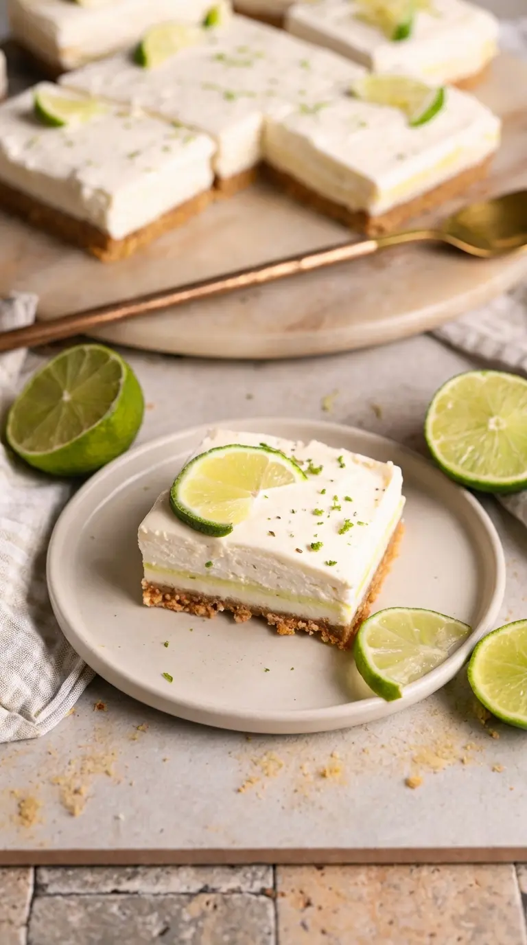 A close-up, angled shot of a single Key Lime Pie Bar on a minimalist white plate, revealing the crisp graham cracker crust, the smooth, tangy lime filling, and the fluffy white whipped topping. It's garnished with a tiny sprinkle of green lime zest and a small lime wedge. Soft shadows and warm tones, with a clean and tidy marble background. NO HANDS OR PEOPLE. (3:4 ratio)