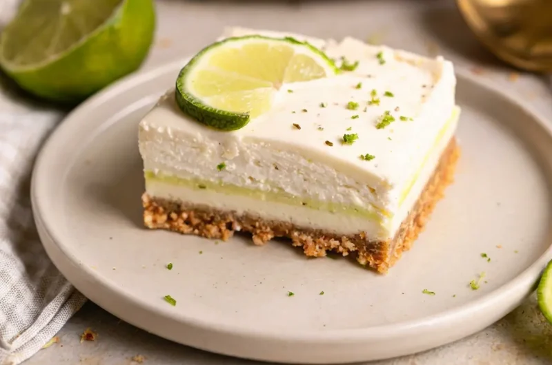A wide, inviting shot of freshly cut Key Lime Pie Bars arranged on a rustic wooden cutting board on a marble countertop. The bars have a distinct graham cracker crust, a creamy pale yellow-green lime filling, and a thick, wavy white whipped topping, garnished with finely grated lime zest and a few thin lime slices. Natural morning light casts soft shadows. The scene is clean, tidy, and has warm tones. NO HANDS OR PEOPLE. (4:3 ratio)