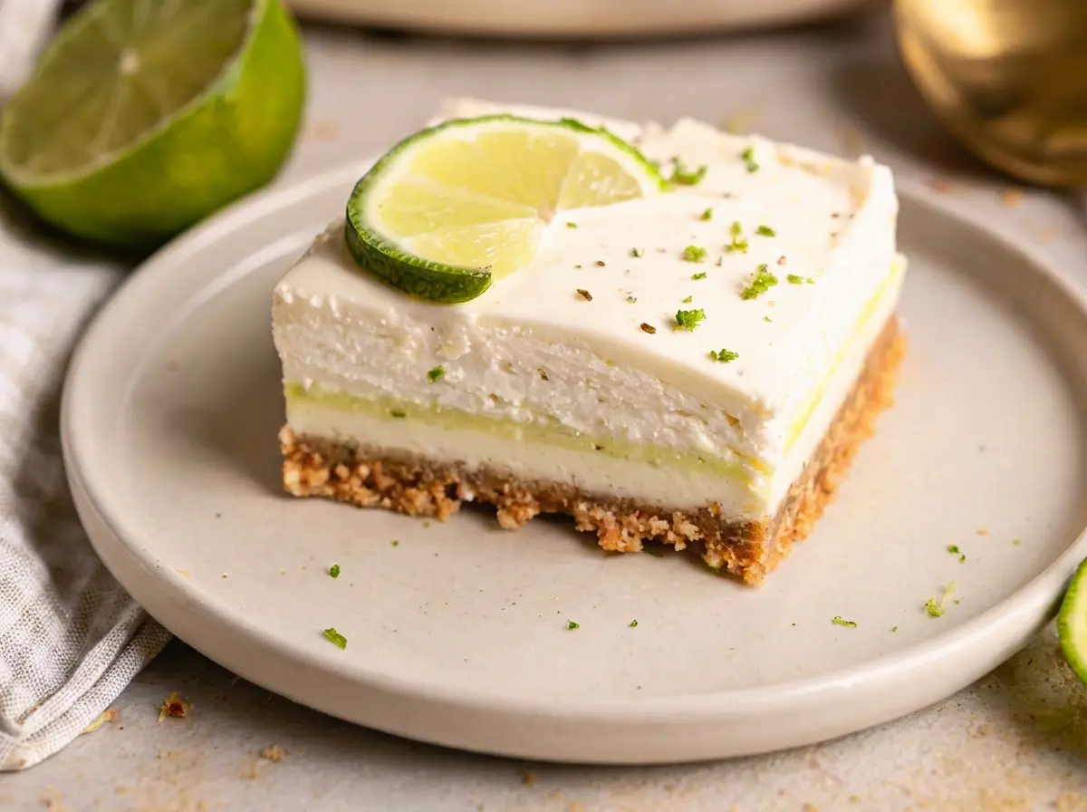 A wide, inviting shot of freshly cut Key Lime Pie Bars arranged on a rustic wooden cutting board on a marble countertop. The bars have a distinct graham cracker crust, a creamy pale yellow-green lime filling, and a thick, wavy white whipped topping, garnished with finely grated lime zest and a few thin lime slices. Natural morning light casts soft shadows. The scene is clean, tidy, and has warm tones. NO HANDS OR PEOPLE. (4:3 ratio)