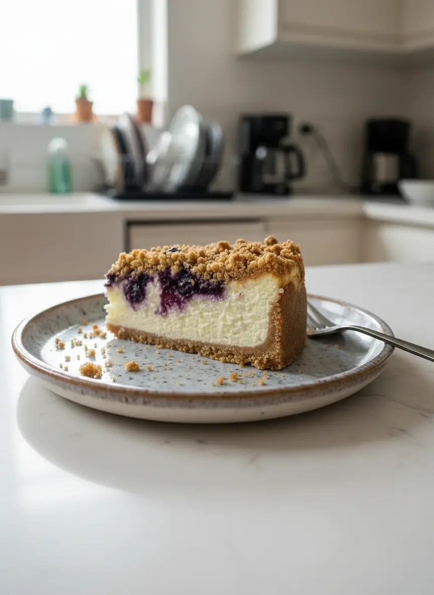 A process shot showing a springform pan with the baked graham cracker crust, with creamy cheesecake batter swirled with blueberries being poured over it, before the crumble topping is added. The scene is on a white marble countertop with a white subway tile backsplash and a soft, natural morning light casting warm tones and gentle shadows. No hands or people.