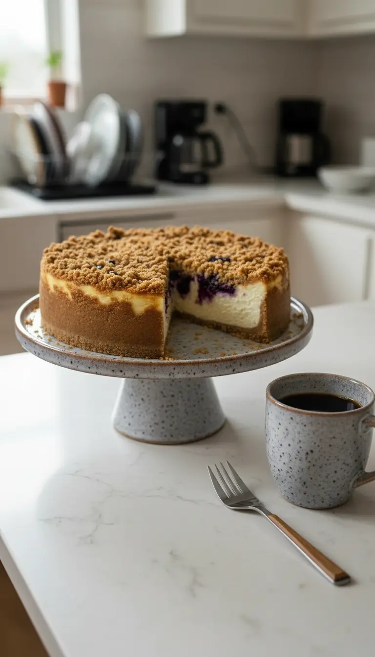 A close-up shot of the full Blueberry Crumble Cheesecake, freshly baked and cooled, with its golden-brown, textured streusel topping and visible bursts of blueberries. The cheesecake is still in the springform pan, resting on a wooden trivet on a white marble counter, capturing the soft shadows and warm tones of natural morning light. No hands or people.