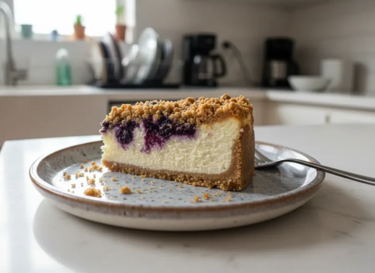 A perfectly cut slice of Blueberry Crumble Cheesecake, showcasing the creamy white cheesecake base, distinct vibrant purple blueberry swirls, a thick golden brown graham cracker crust, and a generous, textured streusel crumble topping. The slice sits on a speckled grey ceramic plate with a fork resting beside it. The background features a white subway tile backsplash, a natural wood cutting board, a glass jar of sugar, and stacked white ceramic bowls, all bathed in soft, natural morning light, creating warm tones and soft shadows on a clean white marble countertop. No hands or people.