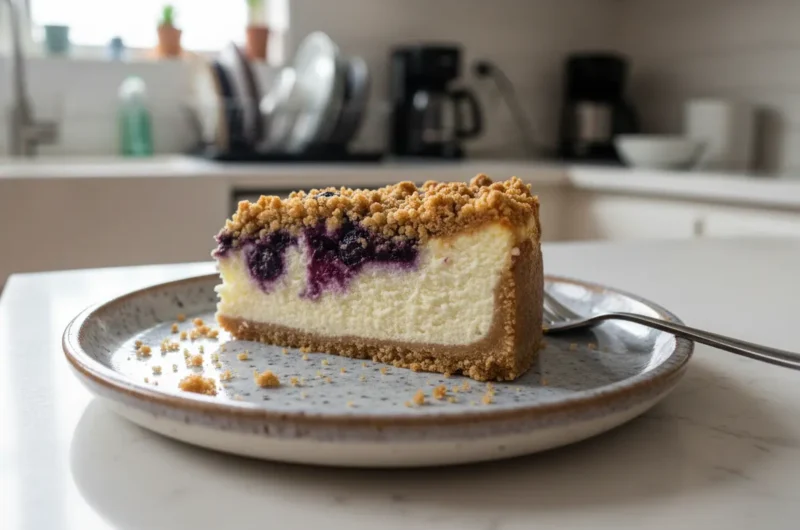 A perfectly cut slice of Blueberry Crumble Cheesecake, showcasing the creamy white cheesecake base, distinct vibrant purple blueberry swirls, a thick golden brown graham cracker crust, and a generous, textured streusel crumble topping. The slice sits on a speckled grey ceramic plate with a fork resting beside it. The background features a white subway tile backsplash, a natural wood cutting board, a glass jar of sugar, and stacked white ceramic bowls, all bathed in soft, natural morning light, creating warm tones and soft shadows on a clean white marble countertop. No hands or people.