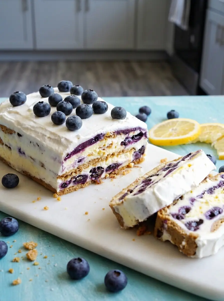 3:4 aspect ratio. Process shot. A 9x5 loaf pan lined with plastic wrap sits on the wooden board. Inside, layers are being built: visible graham crackers and a layer of white cream with a swirl of purple blueberry sauce being applied. The focus is on the texture of the sauce swirling into the cream. No hands or utensils visible.