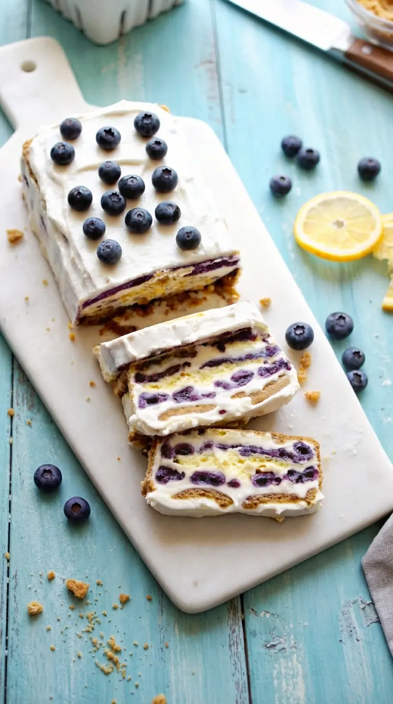 3:4 aspect ratio. Serving shot close up. A single slice of the frozen cake on a minimalist white ceramic plate. The condensation is just starting to form on the cold layers. The purple blueberry compote bleeds slightly into the white lemon cream. A lemon wedge is on the side. Texture focus. Soft lighting.