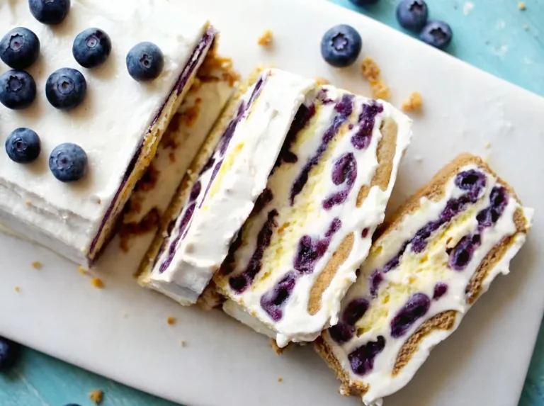 Hero shot, 4:3 aspect ratio. A rectangular Blueberry Lemon Icebox Cake sits on a worn wooden cutting board in a sunlit kitchen. The cake is topped generously with white whipped cream, fresh blue blueberries, and yellow lemon zest. One thick slice has been cut and laid flat next to the loaf, revealing distinct horizontal layers of graham cracker, white cream, and purple blueberry swirl. Soft morning light from the east hits the marble countertop. No hands or people. Rustic and messy but appetizing.