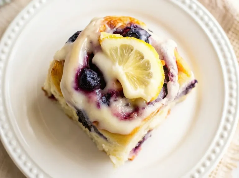A high-angle, close-up hero shot of a single Blueberry Lemon Sweet Roll on a white scalloped ceramic plate. The roll is fluffy with visible swirls of dark blueberries and golden dough, heavily glazed with thick white cream cheese icing dripping down the sides. A fresh, bright yellow lemon slice garnish sits on top. Soft morning light from the east creates gentle shadows. In the background, out of focus, a small bowl of fresh blueberries sits on a marble countertop with a white and yellow textured cloth napkin. 4:3 aspect ratio.
