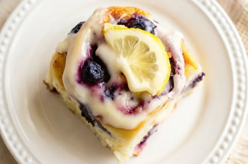 A high-angle, close-up hero shot of a single Blueberry Lemon Sweet Roll on a white scalloped ceramic plate. The roll is fluffy with visible swirls of dark blueberries and golden dough, heavily glazed with thick white cream cheese icing dripping down the sides. A fresh, bright yellow lemon slice garnish sits on top. Soft morning light from the east creates gentle shadows. In the background, out of focus, a small bowl of fresh blueberries sits on a marble countertop with a white and yellow textured cloth napkin. 4:3 aspect ratio.