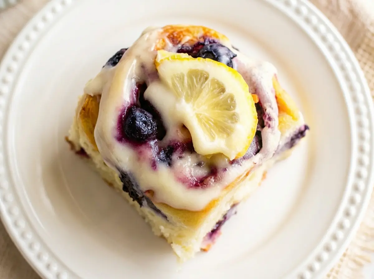 A high-angle, close-up hero shot of a single Blueberry Lemon Sweet Roll on a white scalloped ceramic plate. The roll is fluffy with visible swirls of dark blueberries and golden dough, heavily glazed with thick white cream cheese icing dripping down the sides. A fresh, bright yellow lemon slice garnish sits on top. Soft morning light from the east creates gentle shadows. In the background, out of focus, a small bowl of fresh blueberries sits on a marble countertop with a white and yellow textured cloth napkin. 4:3 aspect ratio.