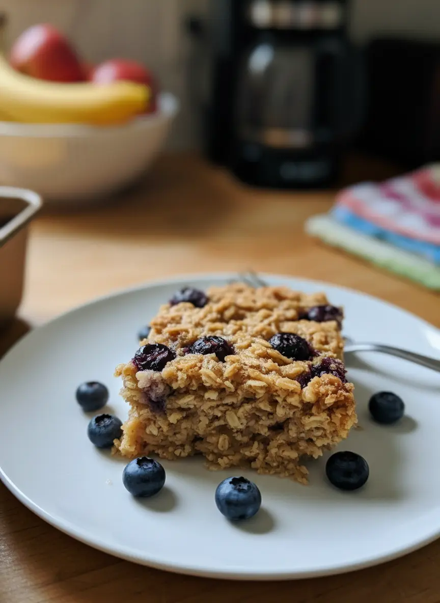 Ingredients for Blueberry Maple Baked Oatmeal: a minimalist ceramic bowl of old-fashioned rolled oats, a small pitcher of pure maple syrup, a bowl of fresh blueberries, and other key ingredients neatly arranged on a wooden cutting board on a white marble countertop under natural morning light. Fresh herbs are visible in the soft-focus background. Clean and tidy presentation, warm tones (3:4 ratio).