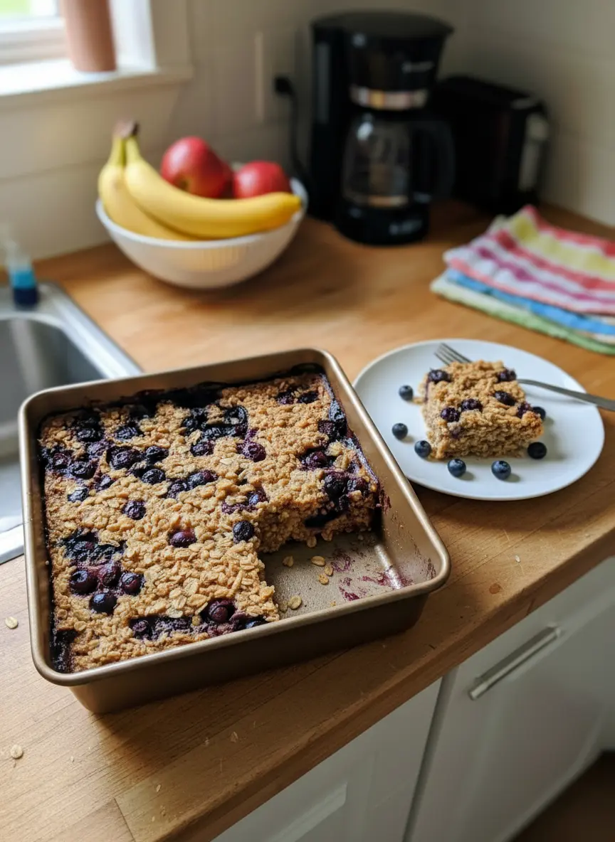 Process shot for Blueberry Maple Baked Oatmeal: a ceramic mixing bowl on a white marble countertop, showing the oatmeal batter with distinct rolled oats and plump blueberries gently folded in. Natural morning light creates soft shadows, capturing the texture and preparation. Clean and tidy presentation, warm tones (3:4 ratio).