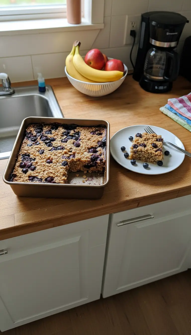 Serving shot of Blueberry Maple Baked Oatmeal: a thick, golden-brown slice of baked oatmeal with visible oats and baked blueberries, served on a minimalist white plate. A few fresh blueberries rest beside it. The plate is on a white marble countertop, with a hint of a wood accent in the background. Natural morning light, soft shadows, warm tones, clean and tidy presentation (3:4 ratio).