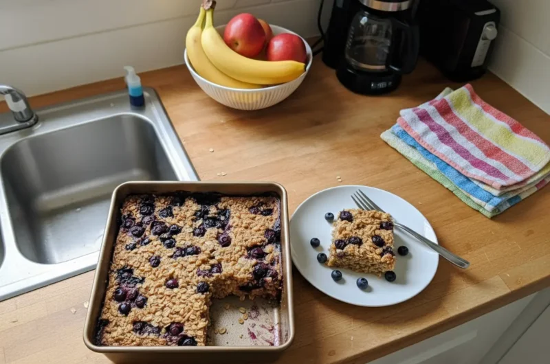 An overhead shot (4:3 ratio) of a golden-brown Blueberry Maple Baked Oatmeal in a square copper-toned baking dish, generously studded with baked blueberries, sitting on a white marble countertop under natural morning light from an east window. Fresh blueberries are scattered around the dish. A black and white striped kitchen towel is draped casually to the side. Soft shadows, warm tones, clean and tidy presentation.