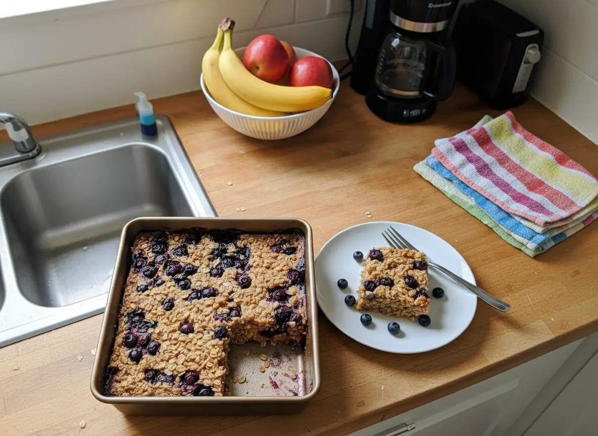 An overhead shot (4:3 ratio) of a golden-brown Blueberry Maple Baked Oatmeal in a square copper-toned baking dish, generously studded with baked blueberries, sitting on a white marble countertop under natural morning light from an east window. Fresh blueberries are scattered around the dish. A black and white striped kitchen towel is draped casually to the side. Soft shadows, warm tones, clean and tidy presentation.