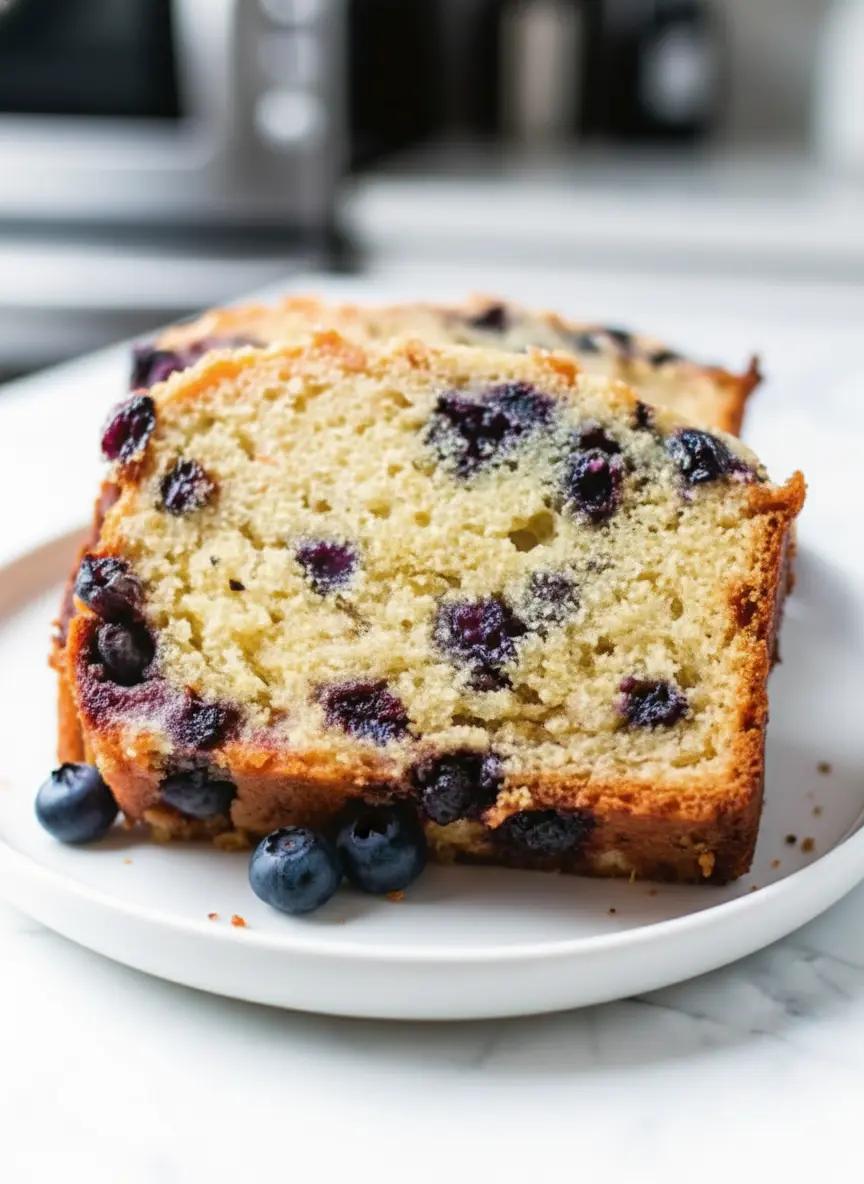Eye-level shot of baking ingredients arranged on a white marble countertop. A white ceramic bowl contains flour, alongside a glass measuring cup of milk and a small bowl of fresh, plump blueberries. A wooden spoon rests on the marble. The lighting is soft and natural, emphasizing the freshness of the ingredients.