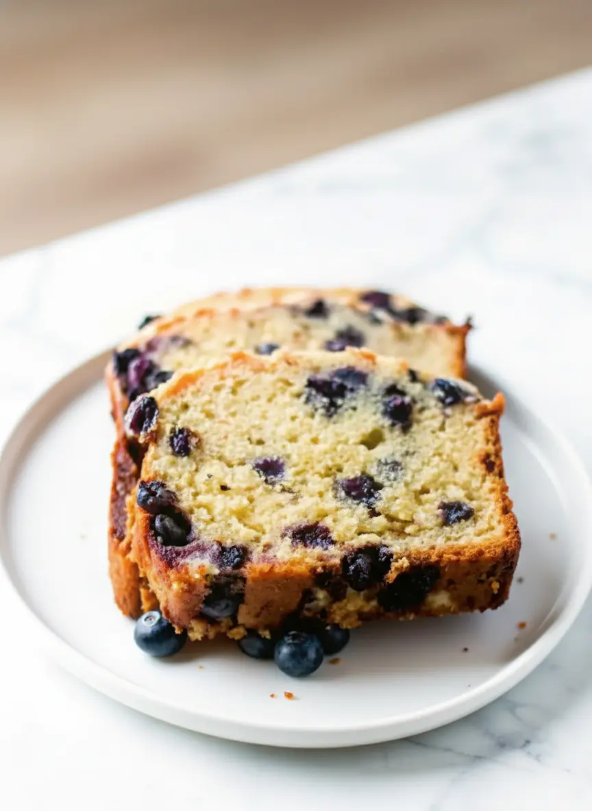 A process shot showing the raw batter inside a metal loaf pan resting on a wooden cutting board. The batter is pale and thick, with several blueberries visible on the surface. A hand is NOT visible, but a spatula rests nearby. The background shows the marble counter and a hint of the east window light.