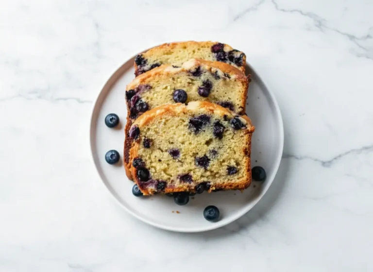 A high-angle hero shot of two thick slices of blueberry muffin bread stacked slightly offset on a minimalist white ceramic plate. The bread has a golden-brown crust with a visible sugary texture and a moist, pale yellow crumb speckled with bursting purple blueberries. Loose fresh blueberries are scattered artistically on the plate and the white marble countertop. Natural morning light streams from the left, casting soft shadows. A wooden cutting board is visible in the background with fresh mint or herbs blurred.