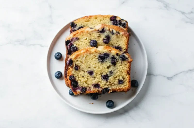 A high-angle hero shot of two thick slices of blueberry muffin bread stacked slightly offset on a minimalist white ceramic plate. The bread has a golden-brown crust with a visible sugary texture and a moist, pale yellow crumb speckled with bursting purple blueberries. Loose fresh blueberries are scattered artistically on the plate and the white marble countertop. Natural morning light streams from the left, casting soft shadows. A wooden cutting board is visible in the background with fresh mint or herbs blurred.