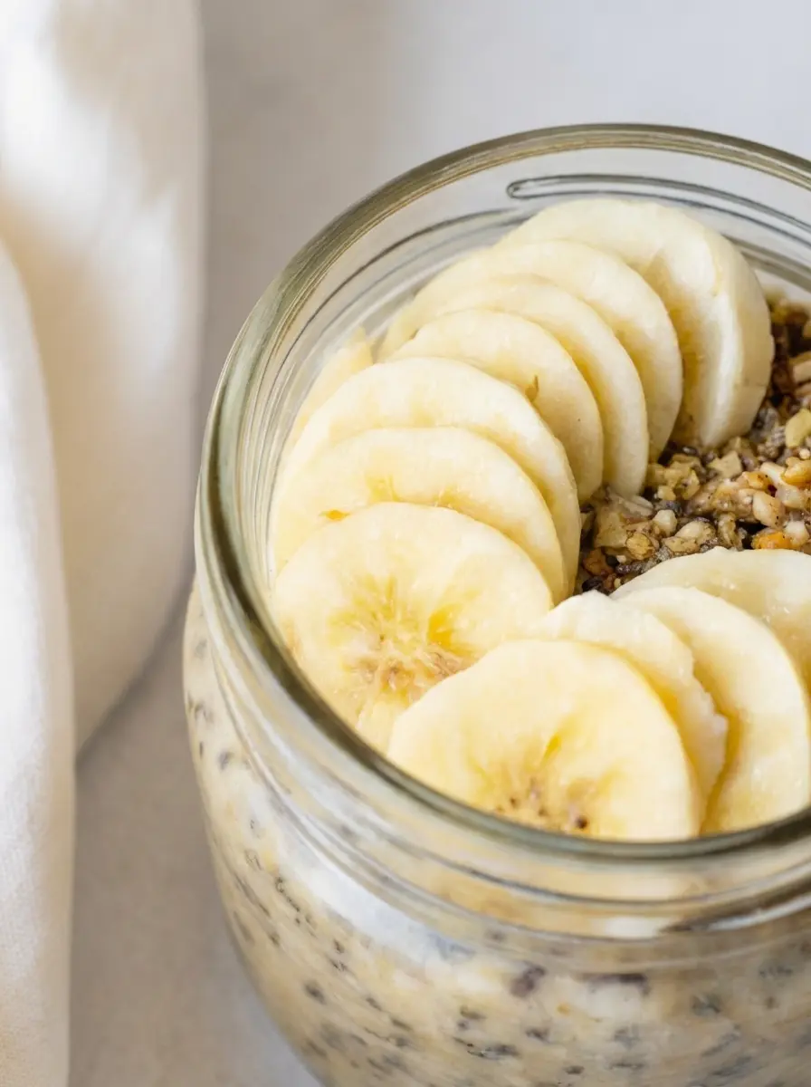 A clean, minimalist shot of the dry ingredients arranged on the marble countertop. A ceramic bowl containing rolled oats, a small pile of dark brown sugar, and a spoon of chia seeds. In the background, fresh herbs and a wooden cutting board are softly out of focus. The lighting is bright and natural, highlighting the textures of the oats and sugar.