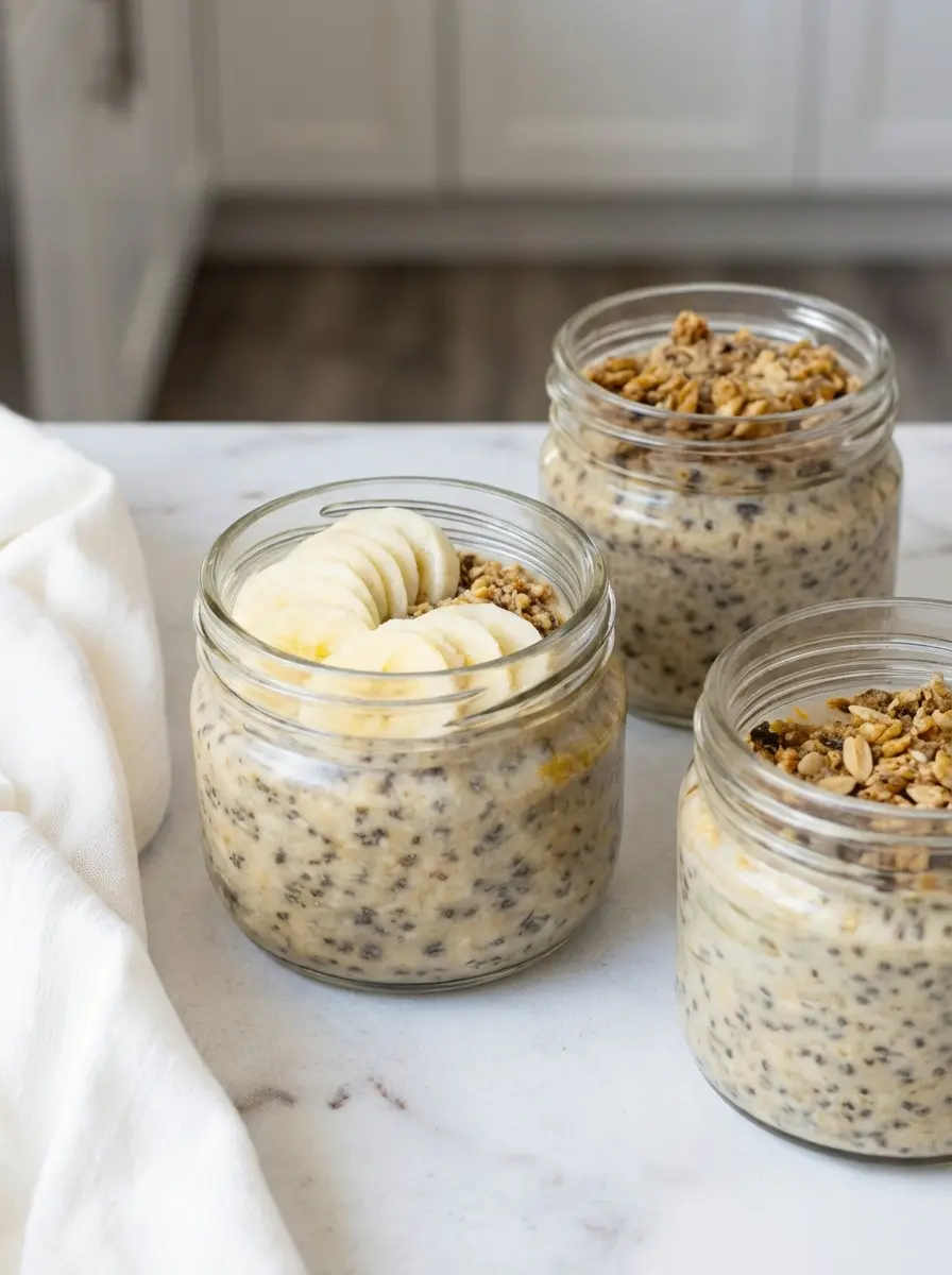 A process shot showing a glass jar on the marble counter, half-filled with the oat and milk mixture. A silver spoon rests inside the jar, showing the creamy, speckled texture of the wet oats mixed with chia seeds. The background features the white ceramic bowls and the consistent wooden accents of the kitchen. No hands visible.