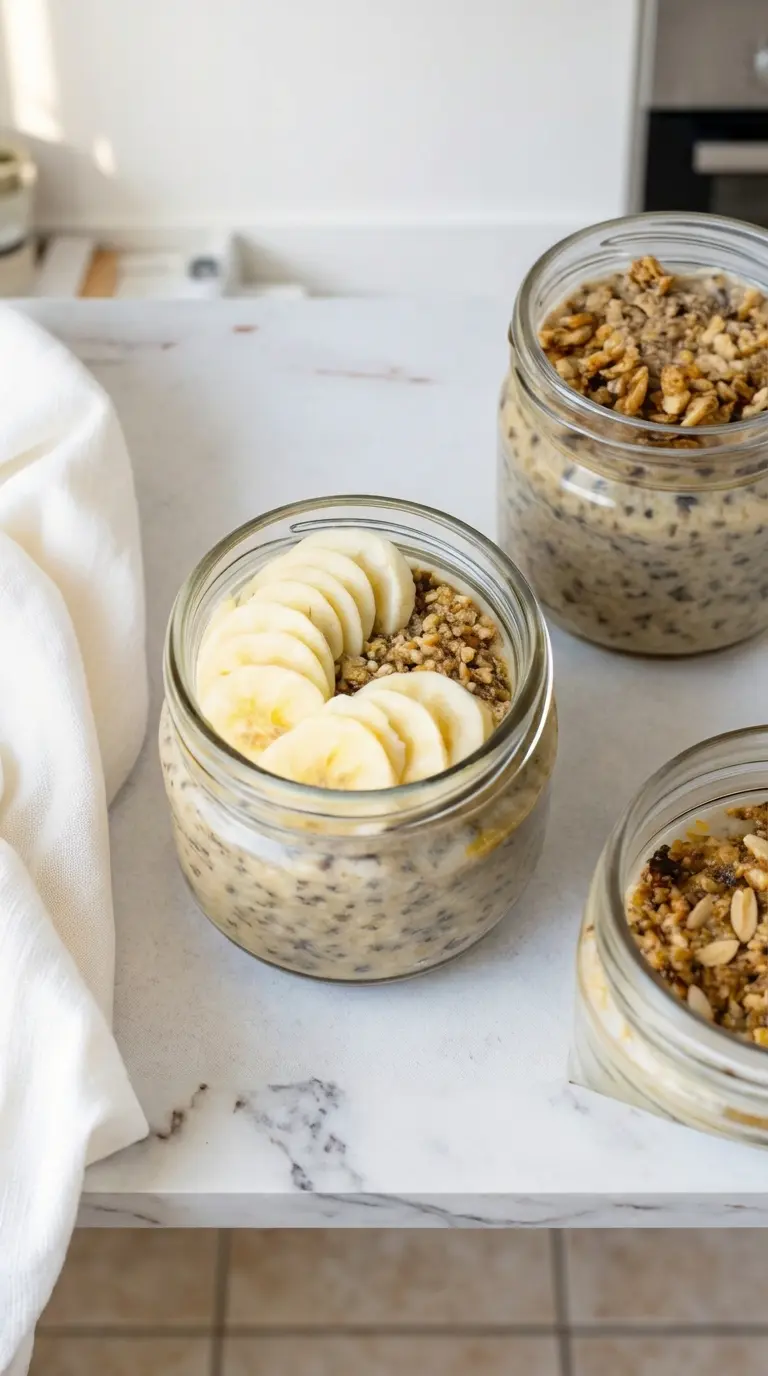 A close-up, macro shot of the final jar. Focus on the texture of the toppings: the moisture on the sliced bananas and the crunchy texture of the granola against the creamy oat base. The jar is sitting on the marble counter with the white linen napkin in the background. The lighting is warm and inviting, emphasizing the appetizing nature of the breakfast.
