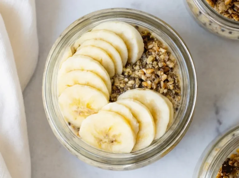 A high-angle, straight-down hero shot of two glass jars filled with creamy brown sugar overnight oats. The jars sit on a white marble countertop with soft wood accents nearby. The oats are beige and creamy with visible black chia seeds. The top of the front jar is garnished with fresh banana slices arranged in a neat shingle pattern and a sprinkling of golden granola. A white textured cloth napkin is casually draped on the left side. Soft, natural morning light from the east window illuminates the scene, creating gentle shadows. No hands or people.