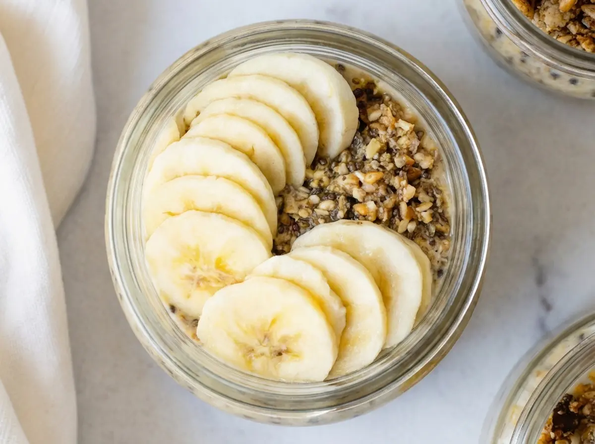 A high-angle, straight-down hero shot of two glass jars filled with creamy brown sugar overnight oats. The jars sit on a white marble countertop with soft wood accents nearby. The oats are beige and creamy with visible black chia seeds. The top of the front jar is garnished with fresh banana slices arranged in a neat shingle pattern and a sprinkling of golden granola. A white textured cloth napkin is casually draped on the left side. Soft, natural morning light from the east window illuminates the scene, creating gentle shadows. No hands or people.