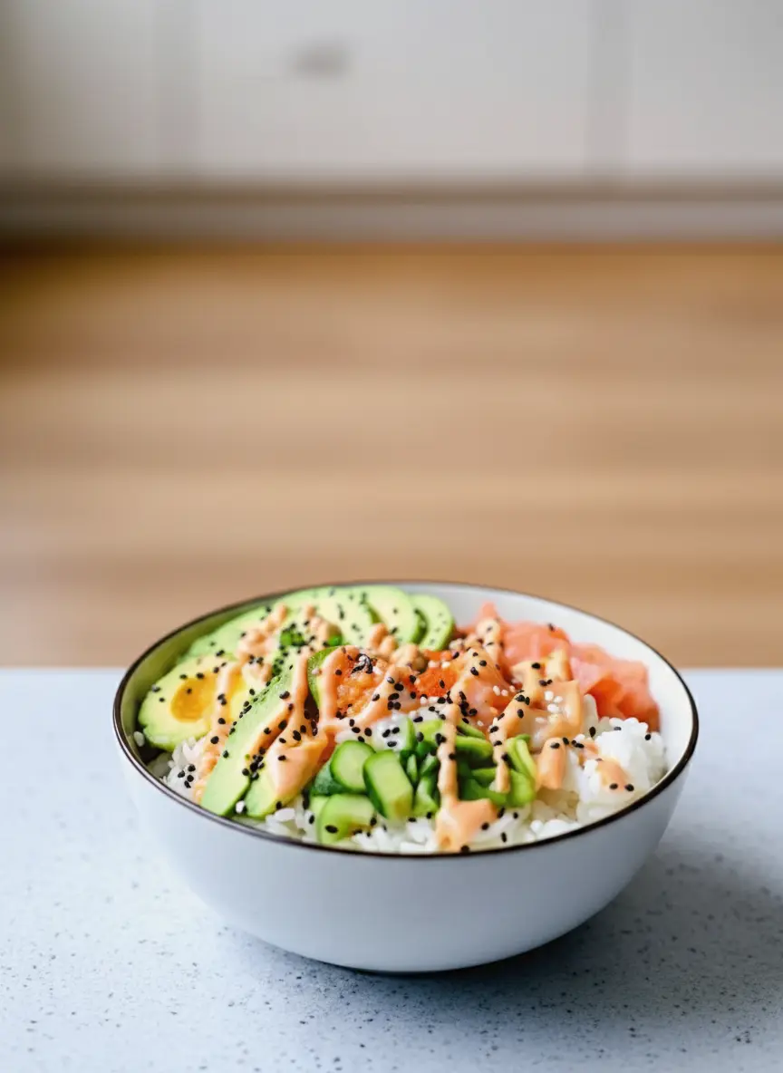 A process shot showing the assembly. A white ceramic bowl is half-filled with shiny, cooked white rice. A ladle is pouring a small amount of seasoned vinegar over the rice. Beside the bowl, a small whisk rests in a glass bowl of orange spicy mayo. The setting is a clean kitchen with wood accents. 3:4 aspect ratio, focus on texture.