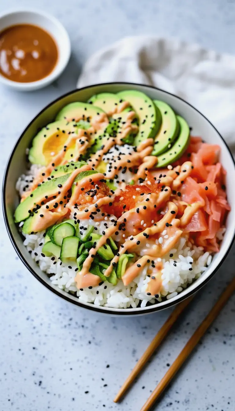 A close-up macro shot of the finished bowl focusing on the texture. The image focuses on the intersection of the diced pink salmon and the creamy avocado, coated in the glossy orange spicy mayo and speckled with black sesame seeds. The background is soft and creamy white. 3:4 aspect ratio, appetizing detail.