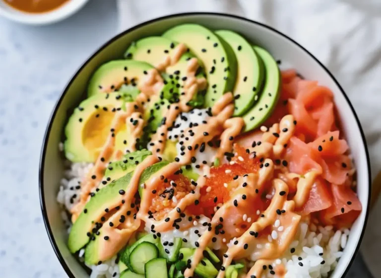 A top-down hero shot of a white ceramic bowl filled with California Roll Sushi Bowl ingredients. The bowl contains sections of white sushi rice, pink diced salmon cubes on the left, shredded imitation crab meat mixed with mayo, sliced cucumber half-moons, and diced bright green avocado. A zig-zag drizzle of orange spicy mayo covers the ingredients. Black and white sesame seeds are sprinkled on top. The bowl sits on a white marble countertop with a wooden cutting board visible on the side. Soft natural morning light creates gentle shadows. High resolution, food photography style.