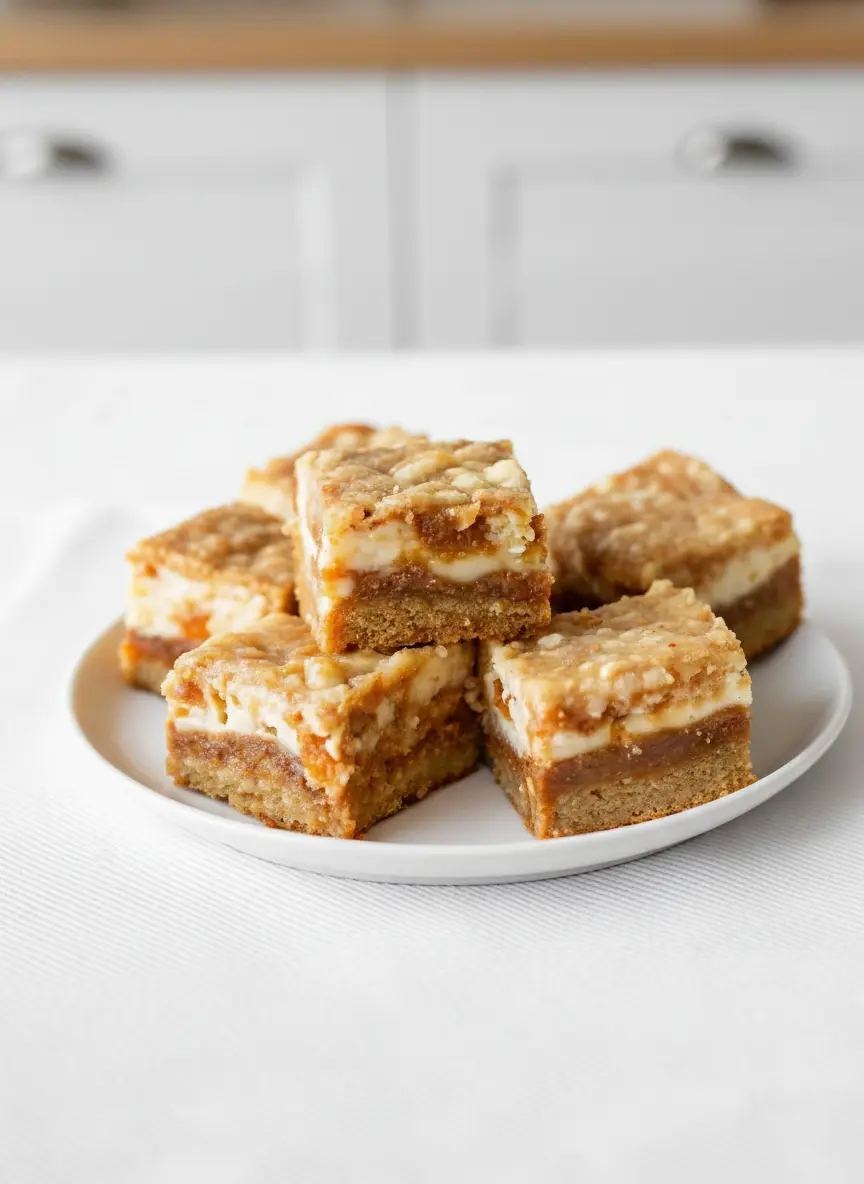 A top-down view of a square metal baking pan filled with raw batter. The deep orange-brown spice batter has dollops of bright white cream cheese mixture on top, captured mid-swirl with a knife creating a marble pattern. The pan is resting on the marble countertop with a tea towel nearby.