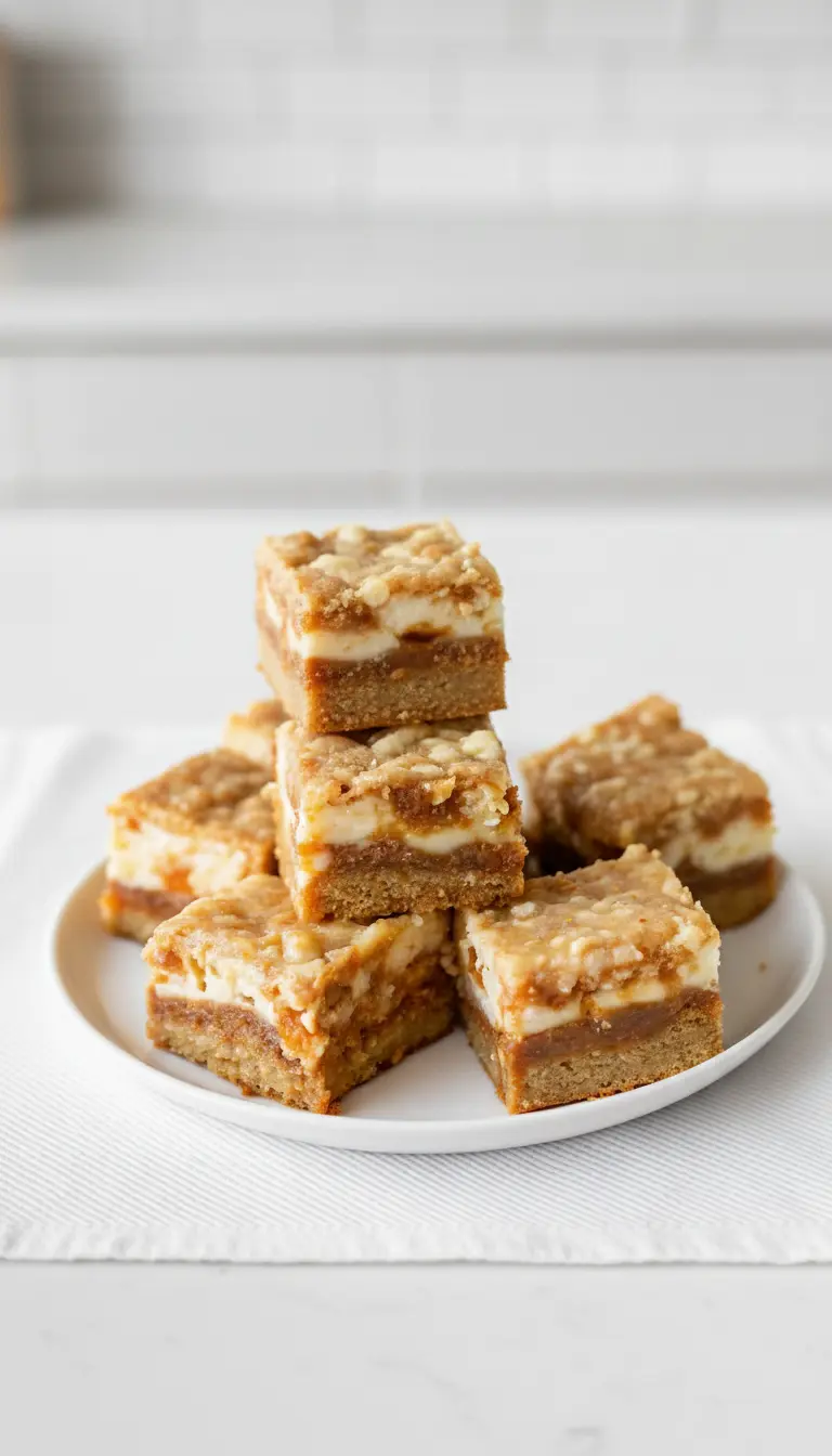 A close-up macro shot of a single carrot cake bar on a white plate, broken in half to show the moist, dense interior texture. The photo highlights the contrast between the spice cake crumb and the smooth cream cheese pockets. The lighting is warm and inviting, emphasizing the fudgy consistency.