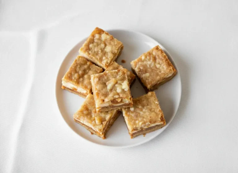 A high-angle hero shot of a stack of three square carrot cake bars on a minimalist white ceramic plate. The bars have a dense, golden-brown crumb with visible flecks of orange carrot and distinct creamy white cheesecake swirls on top. The plate sits on a marble countertop with warm wood accents. Soft morning light streams from the right, casting gentle shadows. Fresh green mint or carrot tops are blurred in the background for a pop of color.