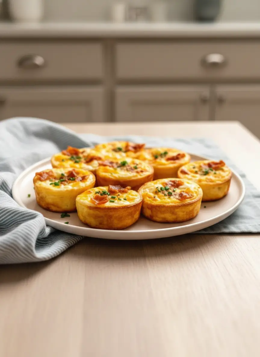 A process shot of a metal muffin tin sitting on the marble counter. The cups are filled with a pale yellow liquid egg mixture. Toppings of shredded cheddar and crumbled bacon are visible on the surface of the liquid. No hands visible. Soft, clean lighting reflecting off the marble.