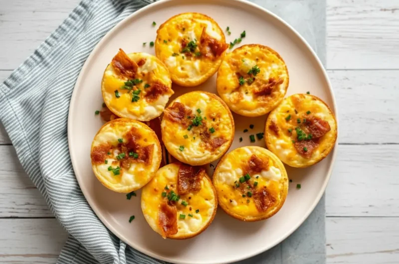 A top-down hero shot of 7 golden-yellow egg bites arranged in a circle on a minimalist beige ceramic plate. The bites are topped with crispy reddish-brown bacon bits and vibrant green chopped parsley. The plate sits on a marble countertop with warm wood accents. Soft morning light from an east window casts gentle shadows. In the background, a blur of fresh parsley in a jar and the wooden cutting board. Realistic food photography, 4k.