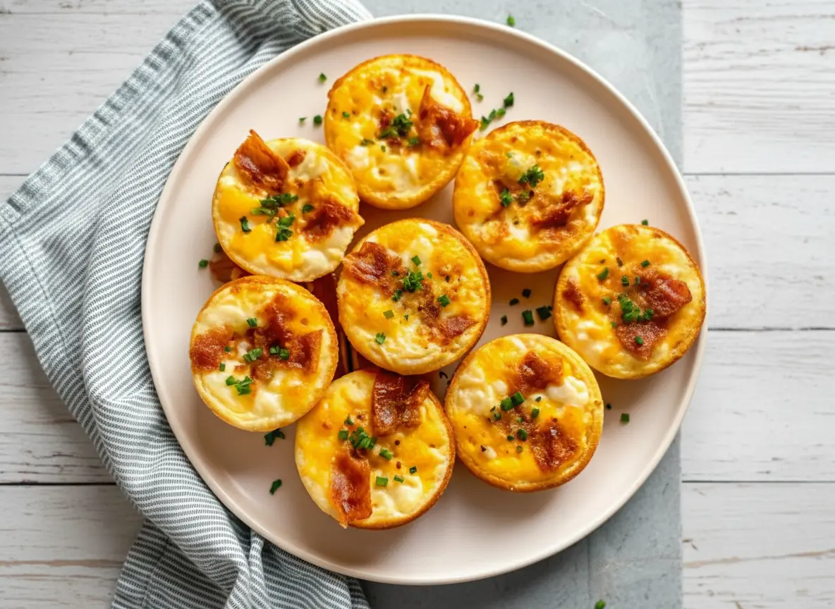 A top-down hero shot of 7 golden-yellow egg bites arranged in a circle on a minimalist beige ceramic plate. The bites are topped with crispy reddish-brown bacon bits and vibrant green chopped parsley. The plate sits on a marble countertop with warm wood accents. Soft morning light from an east window casts gentle shadows. In the background, a blur of fresh parsley in a jar and the wooden cutting board. Realistic food photography, 4k.