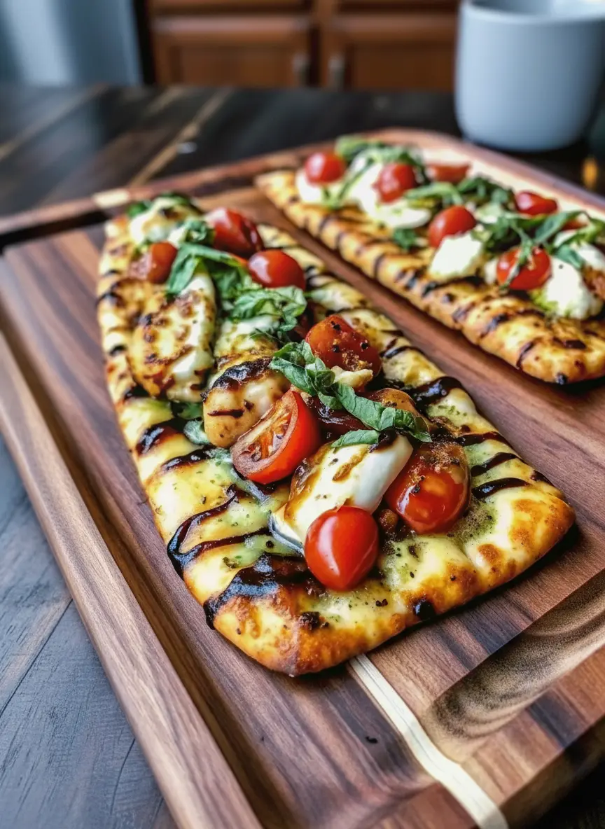 A 3:4 vertical shot showing the flatbreads on a grill pan or baking stone inside the kitchen. The cheese is midway through melting, bubbling slightly, and the crust is turning golden brown. The focus is on the transformation of textures under the heat. The background hints at the kitchen's white minimalist plates stacked nearby. No hands.