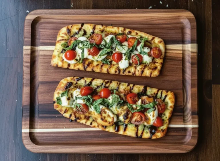 A high-angle hero shot of two rectangular Chicken Caprese Flatbreads arranged on a well-worn wooden cutting board. The flatbreads feature distinct grill marks on the crust. Toppings include golden-brown grilled chicken pieces, melted white mozzarella pearls, vibrant red halved cherry tomatoes, and fresh green basil ribbons. A dark, glossy balsamic glaze is drizzled in a zigzag pattern over the top. The board rests on a marble countertop. Soft, natural morning light from the east window illuminates the scene, creating soft shadows. In the background, out of focus, is a ceramic bowl of fresh tomatoes and a potted basil plant. No hands or people.