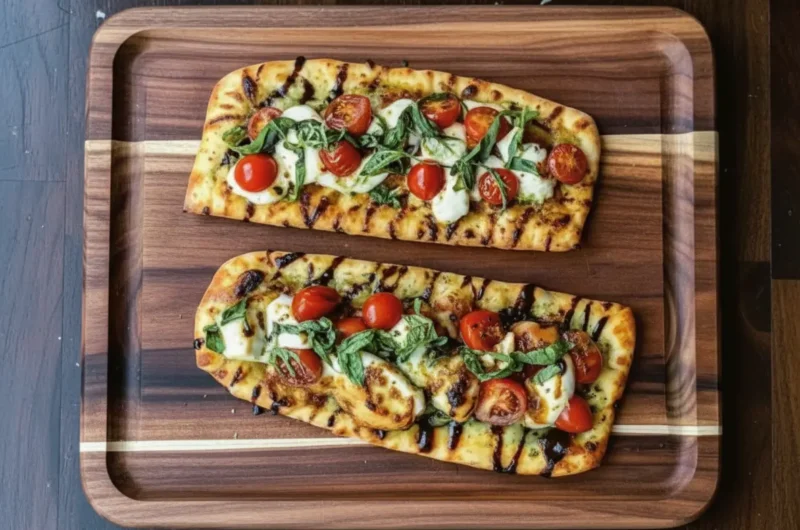 A high-angle hero shot of two rectangular Chicken Caprese Flatbreads arranged on a well-worn wooden cutting board. The flatbreads feature distinct grill marks on the crust. Toppings include golden-brown grilled chicken pieces, melted white mozzarella pearls, vibrant red halved cherry tomatoes, and fresh green basil ribbons. A dark, glossy balsamic glaze is drizzled in a zigzag pattern over the top. The board rests on a marble countertop. Soft, natural morning light from the east window illuminates the scene, creating soft shadows. In the background, out of focus, is a ceramic bowl of fresh tomatoes and a potted basil plant. No hands or people.