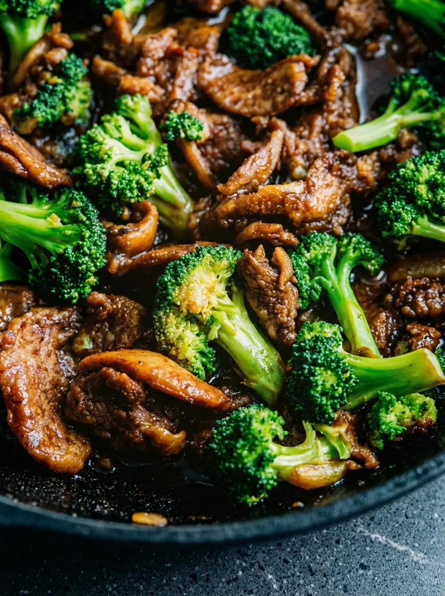 Raw ingredients arranged on a worn wooden cutting board: thinly sliced raw flank steak, fresh broccoli florets, and small white ceramic bowls containing soy sauce, garlic, and brown sugar. The scene is tidy and minimalist with warm wood tones and marble texture.