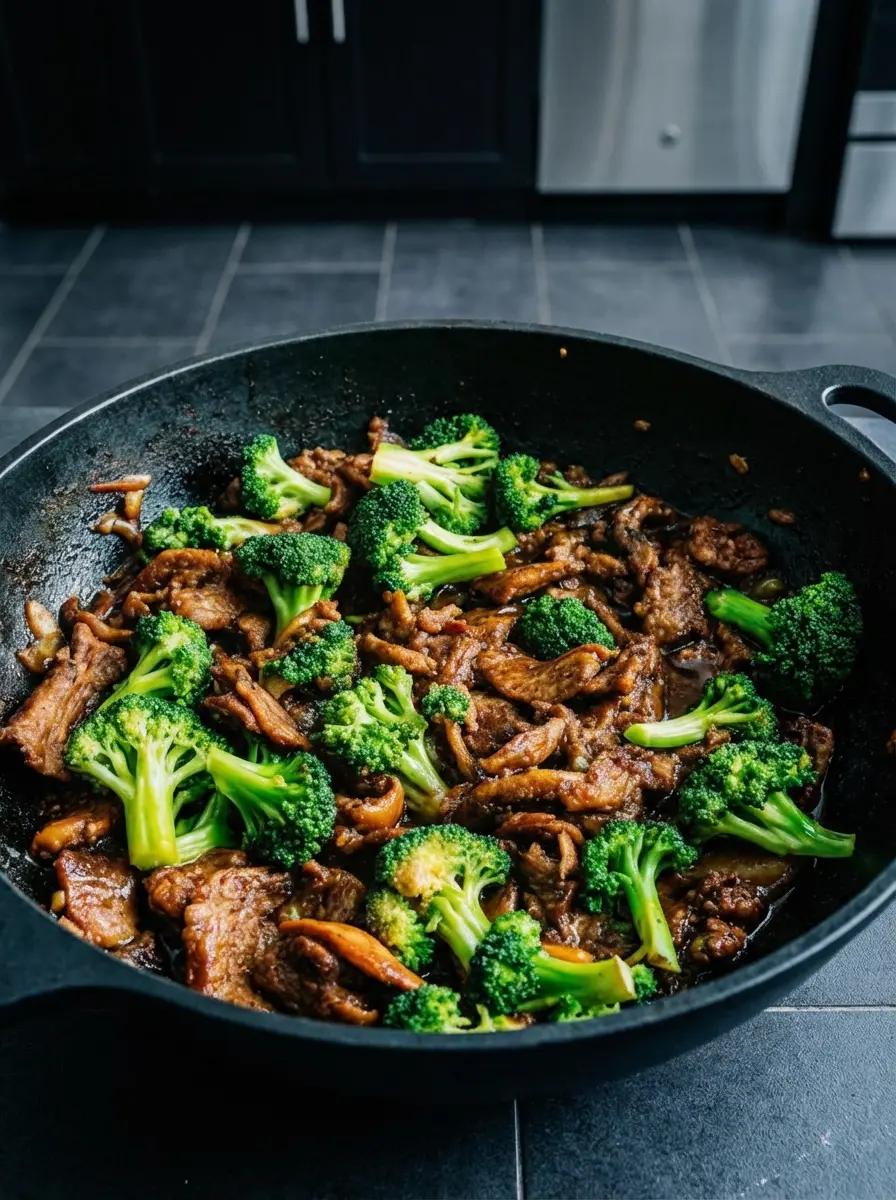 Action shot of the beef searing in a black pan. Steam and heat rising from the pan, the beef is browning nicely. The sauce is bubbling slightly at the edges. No hands visible, just the food cooking in the pan on the stove.