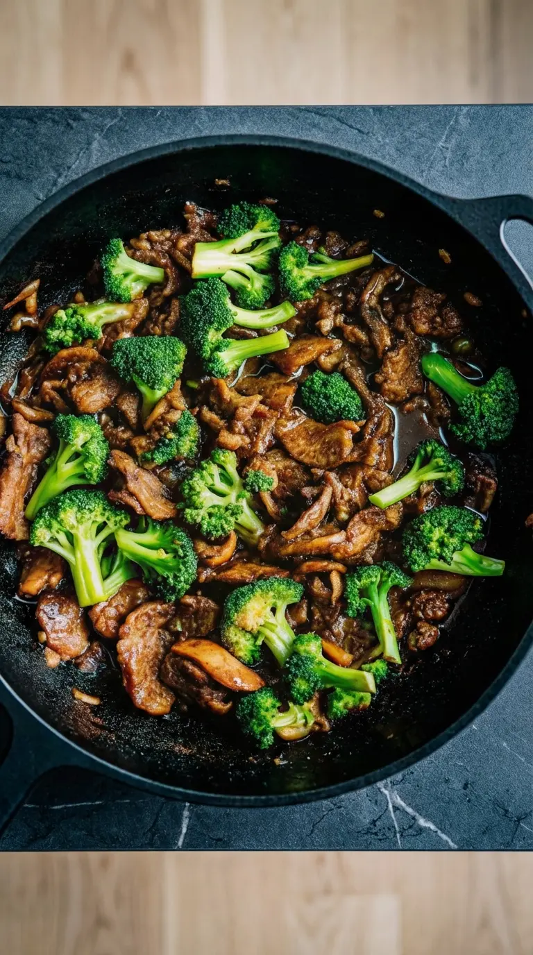 A serving of Chinese Beef and Broccoli plated on a minimalist white ceramic plate. A pair of wooden chopsticks rests on the rim. The sauce glistens under the soft light, highlighting the texture of the beef and the freshness of the broccoli.