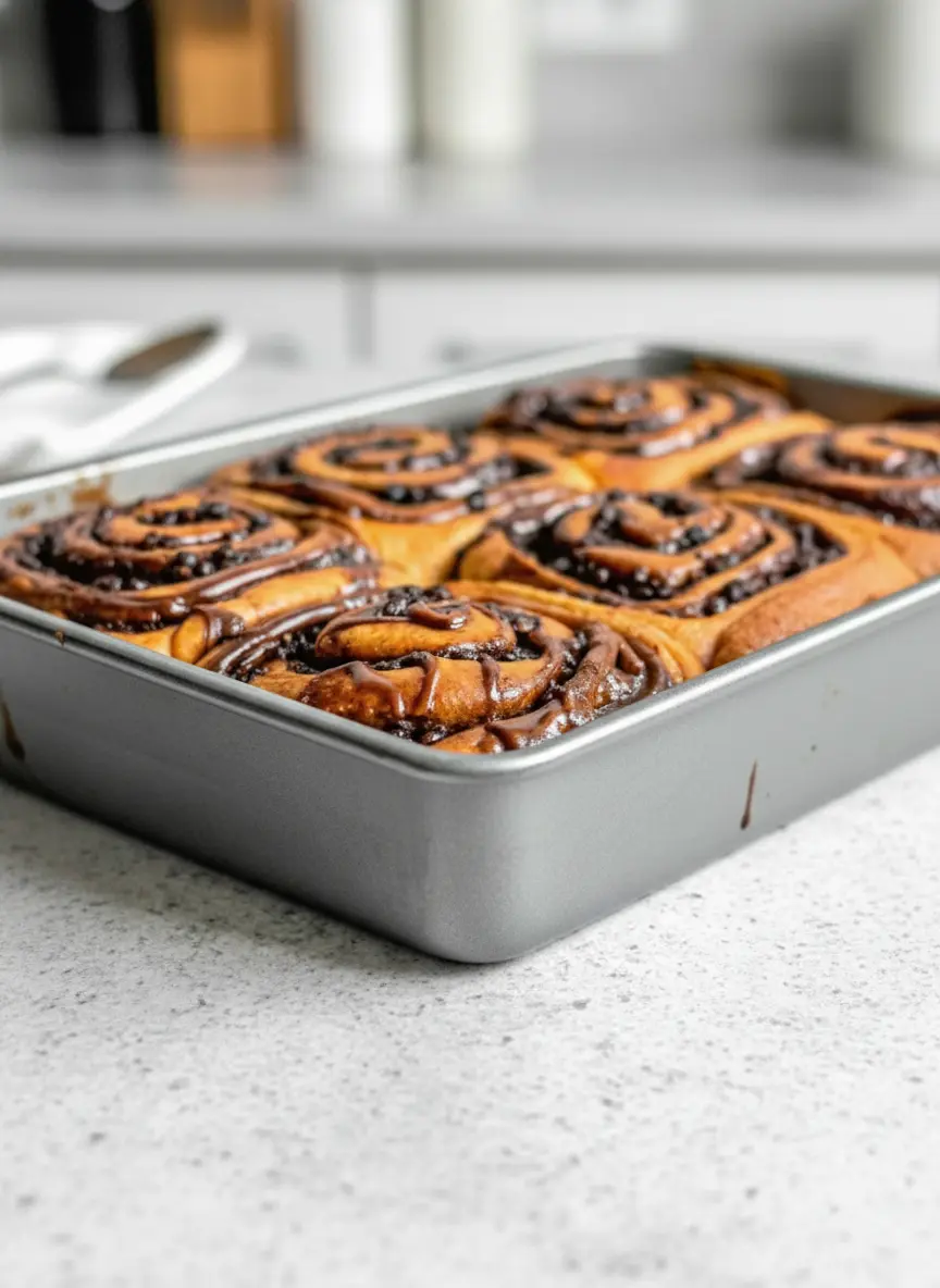 A close-up of the raw dough rolled out on the marble countertop. The dark chocolate and cinnamon filling is spread generously across the yellow-toned dough, showing the texture of the mini chocolate chips and sugar granules. The wooden rolling pin rests to the side. The scene conveys the anticipation of rolling up the dough.