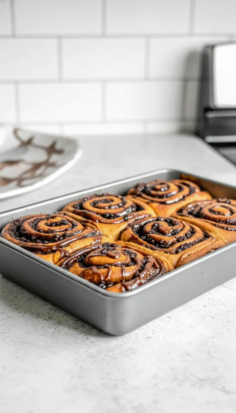 A single baked Chocolate Cinnamon Roll served on a minimalist white ceramic plate. The plate sits on the marble counter next to a dark wooden cutting board. The roll shows the intricate swirl of dark chocolate filling and the golden, fluffy bread texture. Soft natural light highlights the moisture and richness of the filling.