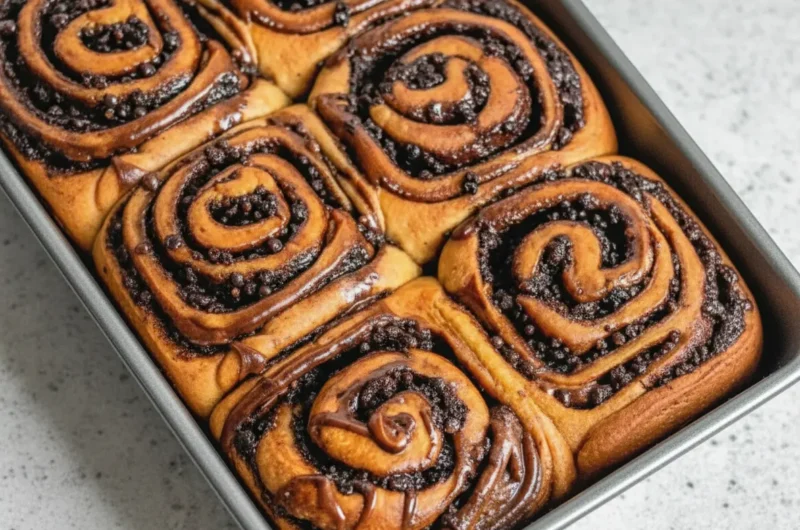 A high-angle, straight-down shot of a rectangular metal baking pan filled with golden-brown Chocolate Cinnamon Rolls. The rolls have a distinct spiral shape filled with dark chocolate granules and cocoa paste. The texture is fluffy and soft, with a glossy sheen on top but no white icing. The pan sits on a marble countertop with wood accents. Soft morning light from the east creates gentle shadows. Fresh herbs are blurred in the distant background.